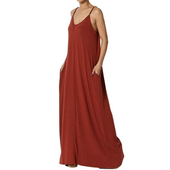 TheMogan Women's Casual V-Neck Draped Jersey Cami Long Maxi Dress W Pocket Summer Beach Dark Rust XL