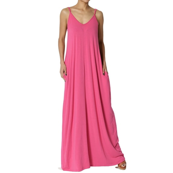 TheMogan Women's Casual V-Neck Draped Jersey Cami Long Maxi Dress W Pocket Summer Beach Fuchsia 1X