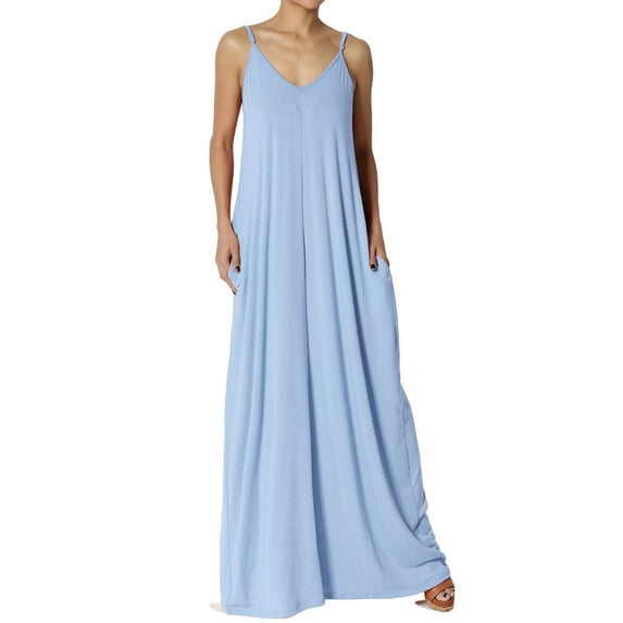 TheMogan Women's Casual V-Neck Draped Jersey Cami Long Maxi Dress W Pocket Summer Beach Light Blue S