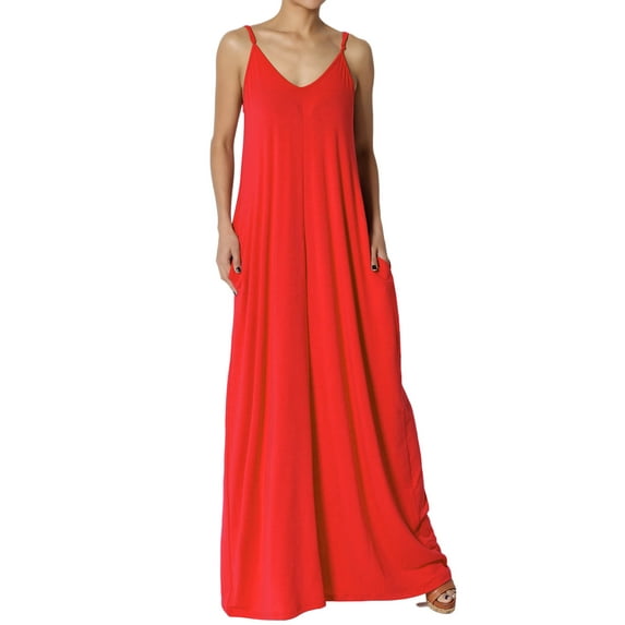 TheMogan Women's Casual V-Neck Draped Jersey Cami Long Maxi Dress W Pocket Summer Beach Red M