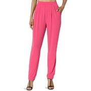 TheMogan Women's Chic Pleated Elastic High Waist Pants Lightweight Relaxed Fit Comfort Trousers Fuchsia XL