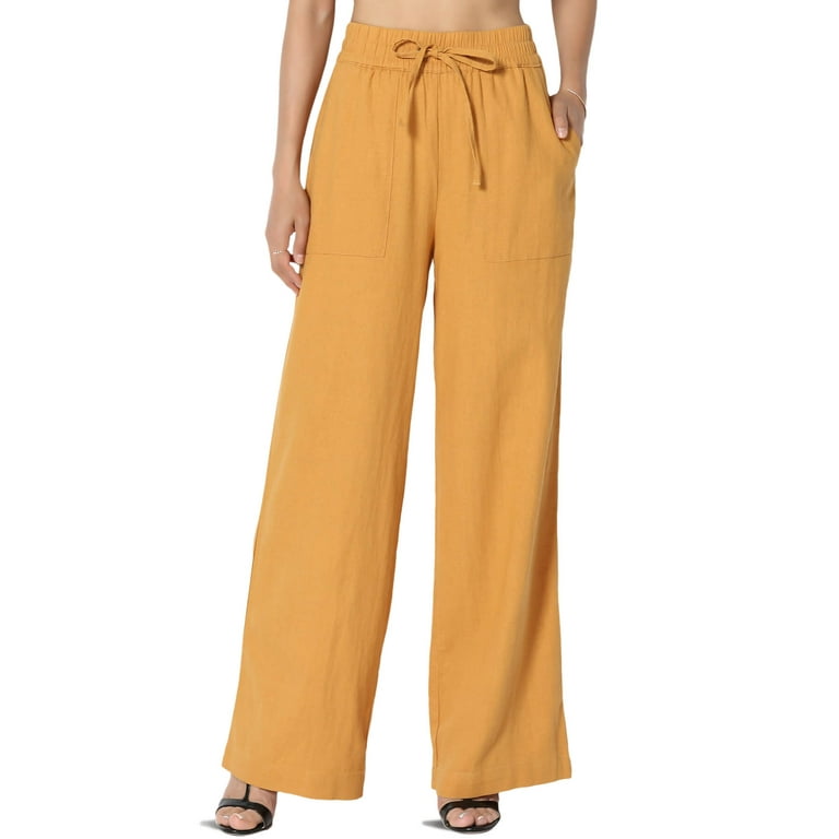 TheMogan Women's Elastic Drawstring Waist High Rise Linen Blend Pull On  Wide Leg Long Pants Golden Mustard S 