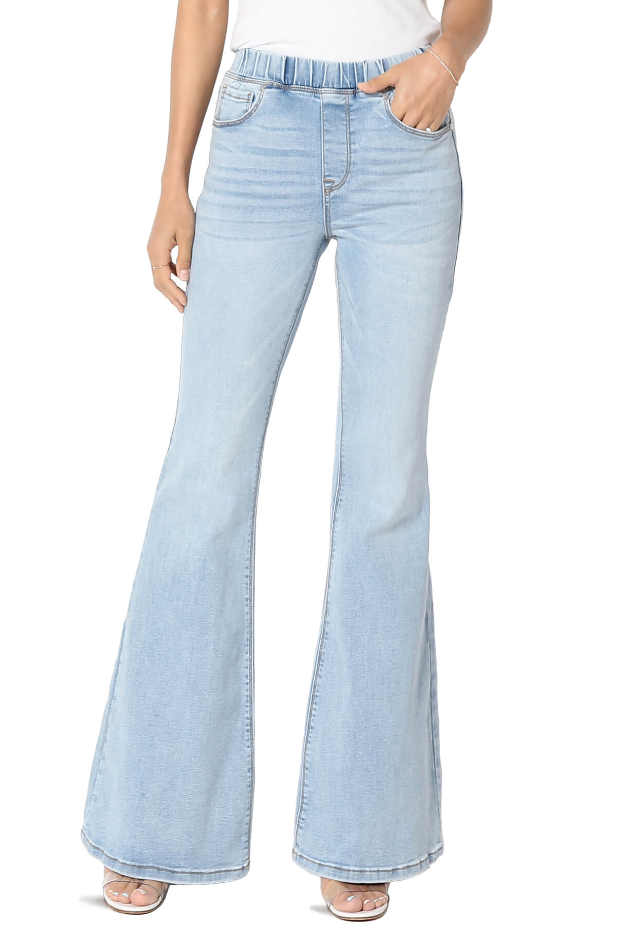TheMogan Women's Elastic Waist High Rise Stretch Denim Long Flare Leg Jeans - image 1 of 7