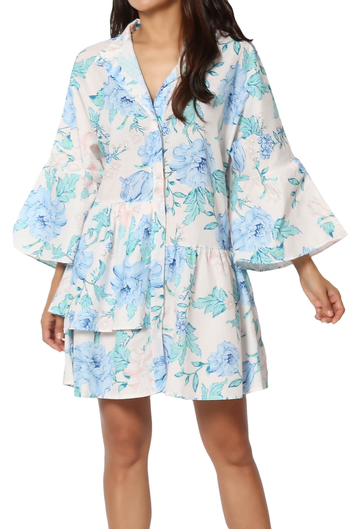 Navy Blue & White Abstract Print Kimono 3/4 Sleeve Dress