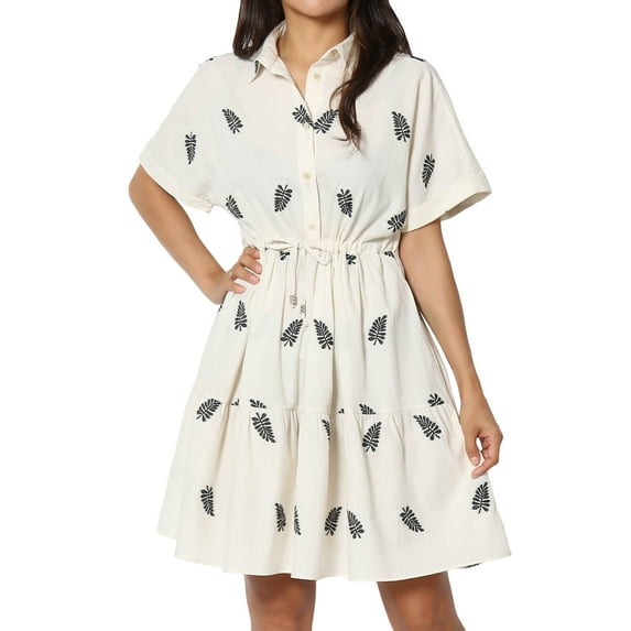 TheMogan Women's Leaf Embroidered Short Sleeve Collared Half Button Up Shift Mini Dress