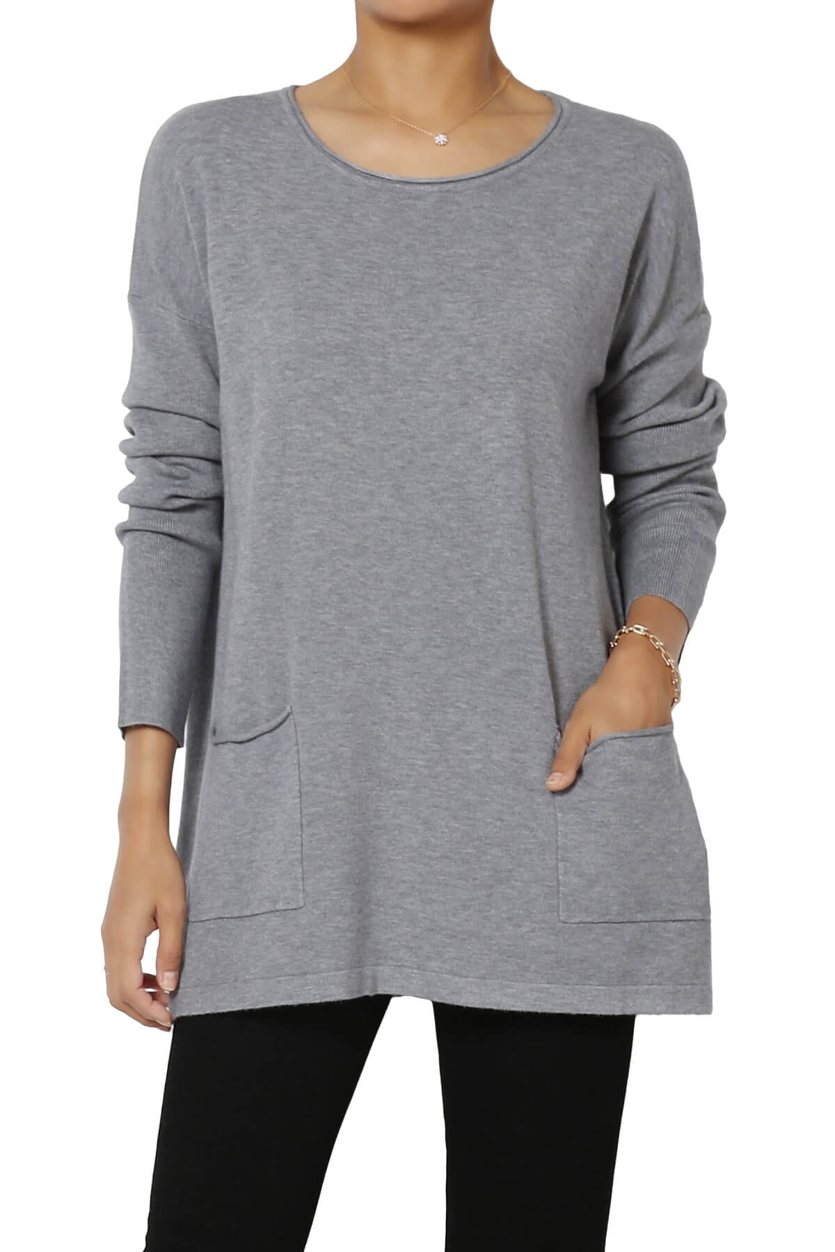 TheMogan Women's Long Sleeve Pocket Soft Knit Oversized Pullover Tunic  Sweater Black S/M 