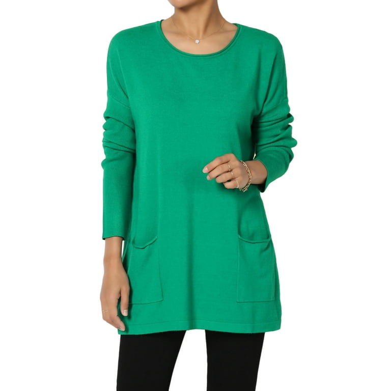 TheMogan Women's Long Sleeve Pocket Soft Knit Oversized Pullover Tunic  Sweater Kelly Green L/XL 