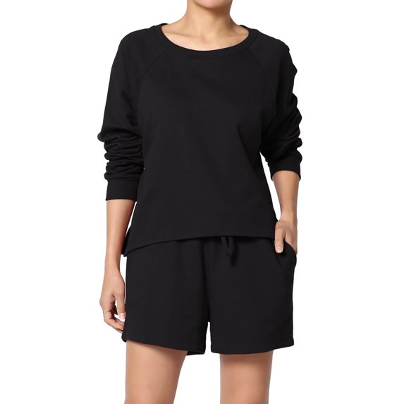 TheMogan Women's PLUS Cotton Terry Long Sleeve Oversized Top & Drawstring Shorts SET