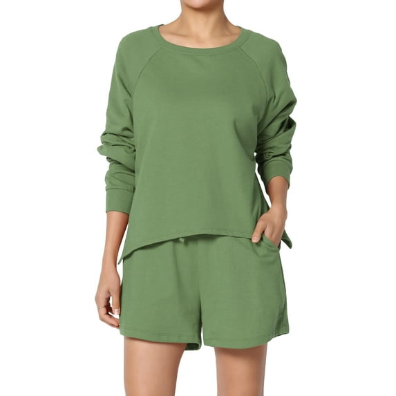 TheMogan Women's PLUS Cotton Terry Long Sleeve Oversized Top & Drawstring Shorts SET