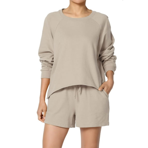 TheMogan Women's PLUS Cotton Terry Long Sleeve Oversized Top & Drawstring Shorts SET
