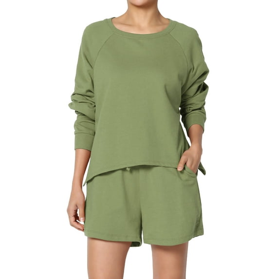 TheMogan Women's PLUS Cotton Terry Long Sleeve Oversized Top & Drawstring Shorts SET