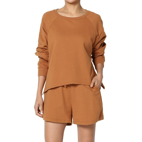TheMogan Women's PLUS Cotton Terry Long Sleeve Oversized Top & Drawstring Shorts SET
