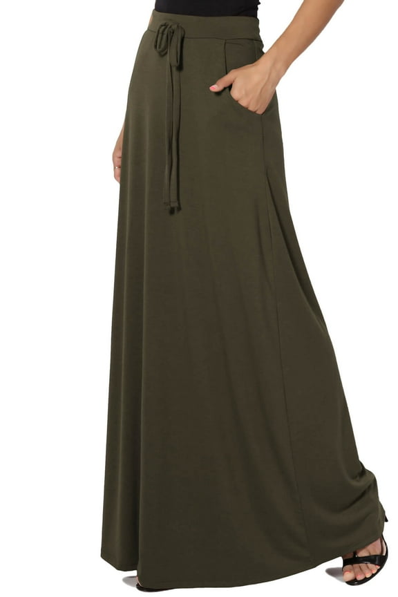 Women's PLUS Drawstring Waist Pocket Drapey Jersey A-Line Long Maxi Skirt