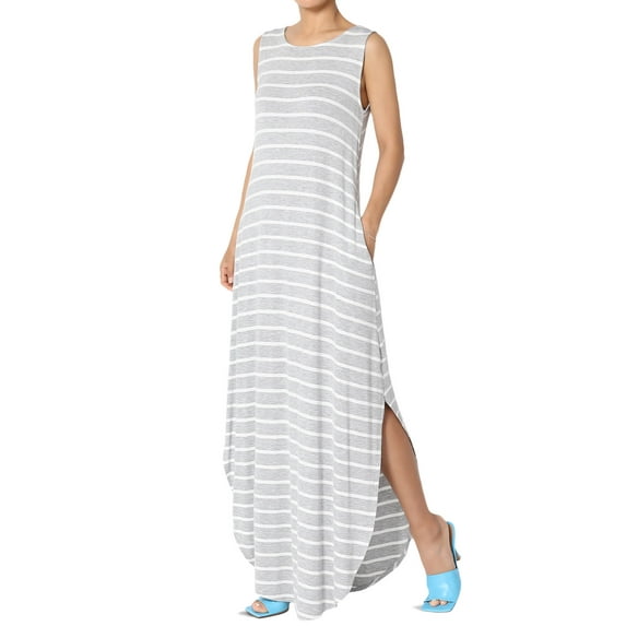 TheMogan Women's PLUS Sleeveless Loose Striped Curved Slit Hem Long Maxi Dress