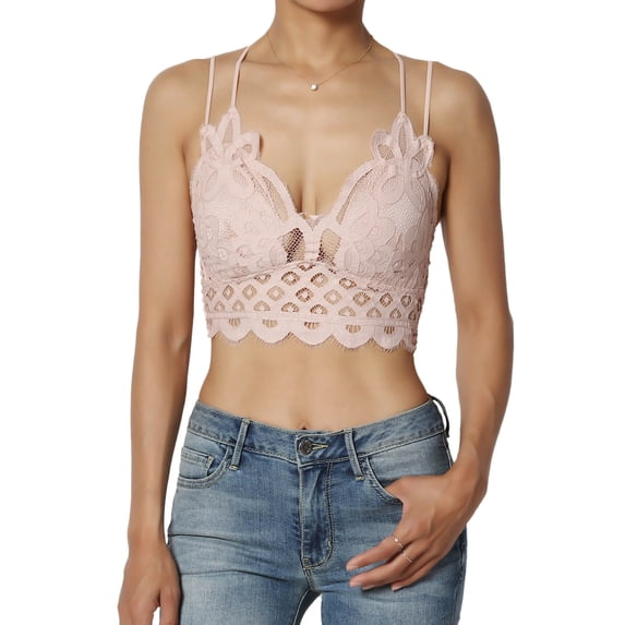 TheMogan Women's Padded Lace Bralette Cross Strap & Stretchy Smocked Back Crochet Bra Crop Top Dusty Blush 2X