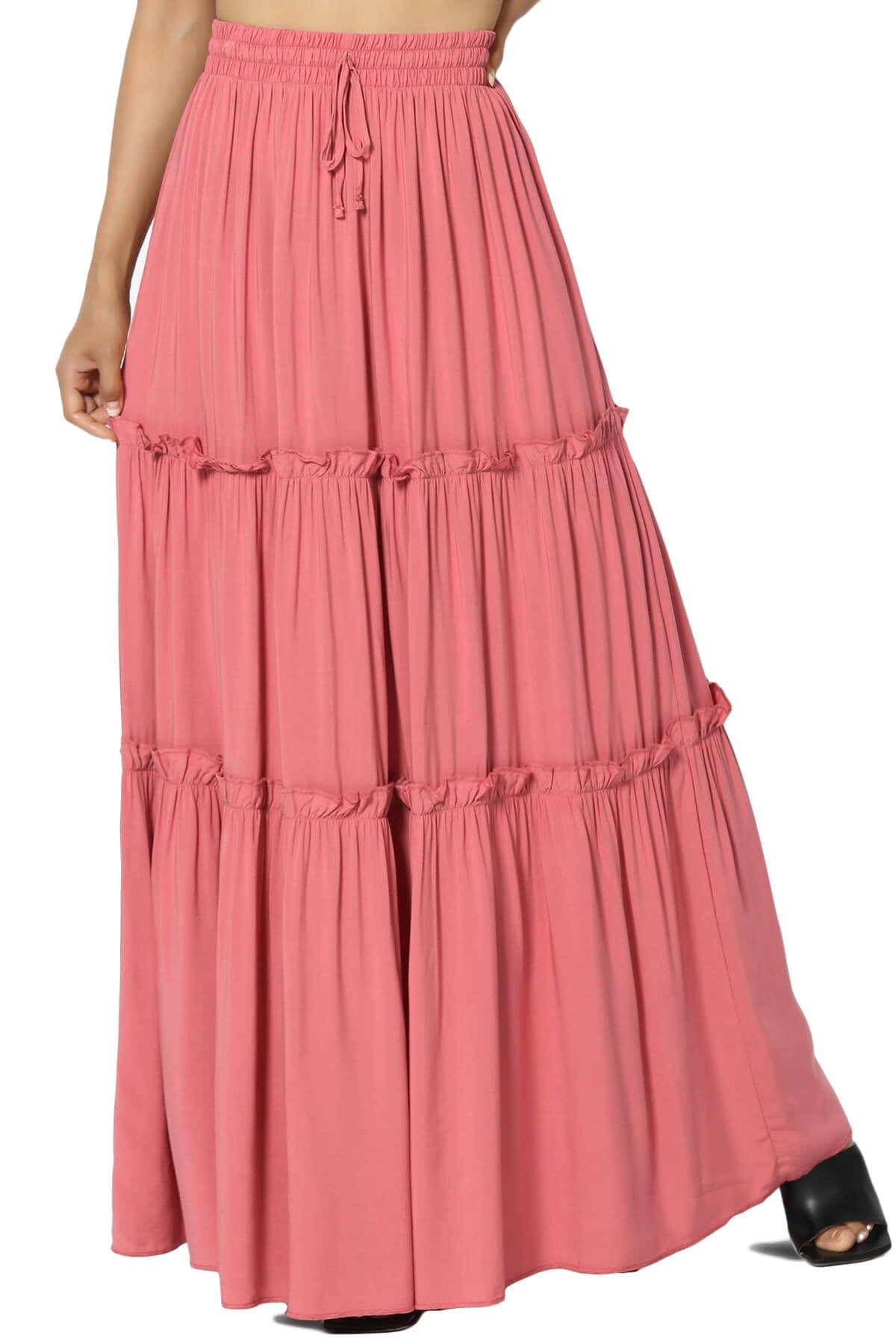 TheMogan Women s Ruffle Tiered Woven Drawstring Elastic High Rise