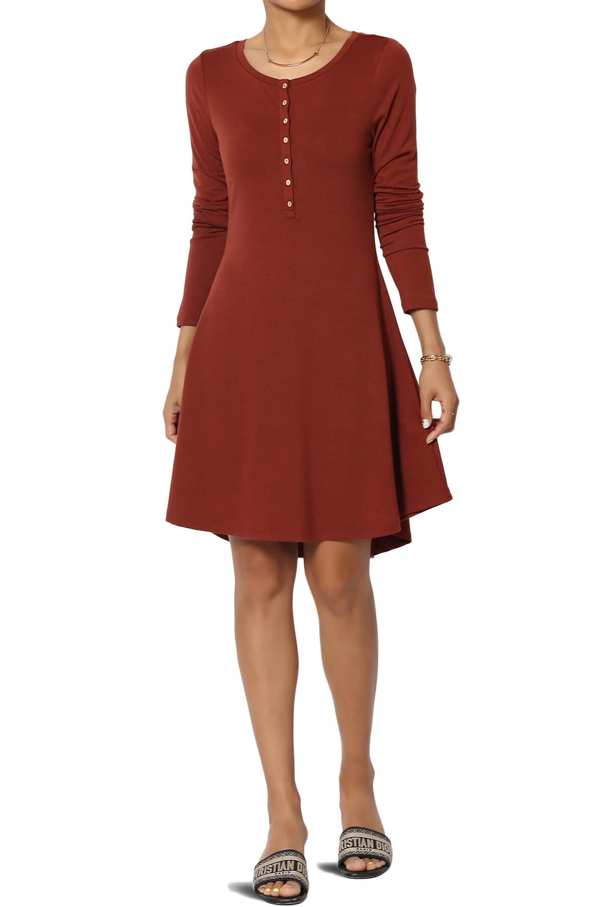 Scoop Long Sleeve Shirred Short Dress