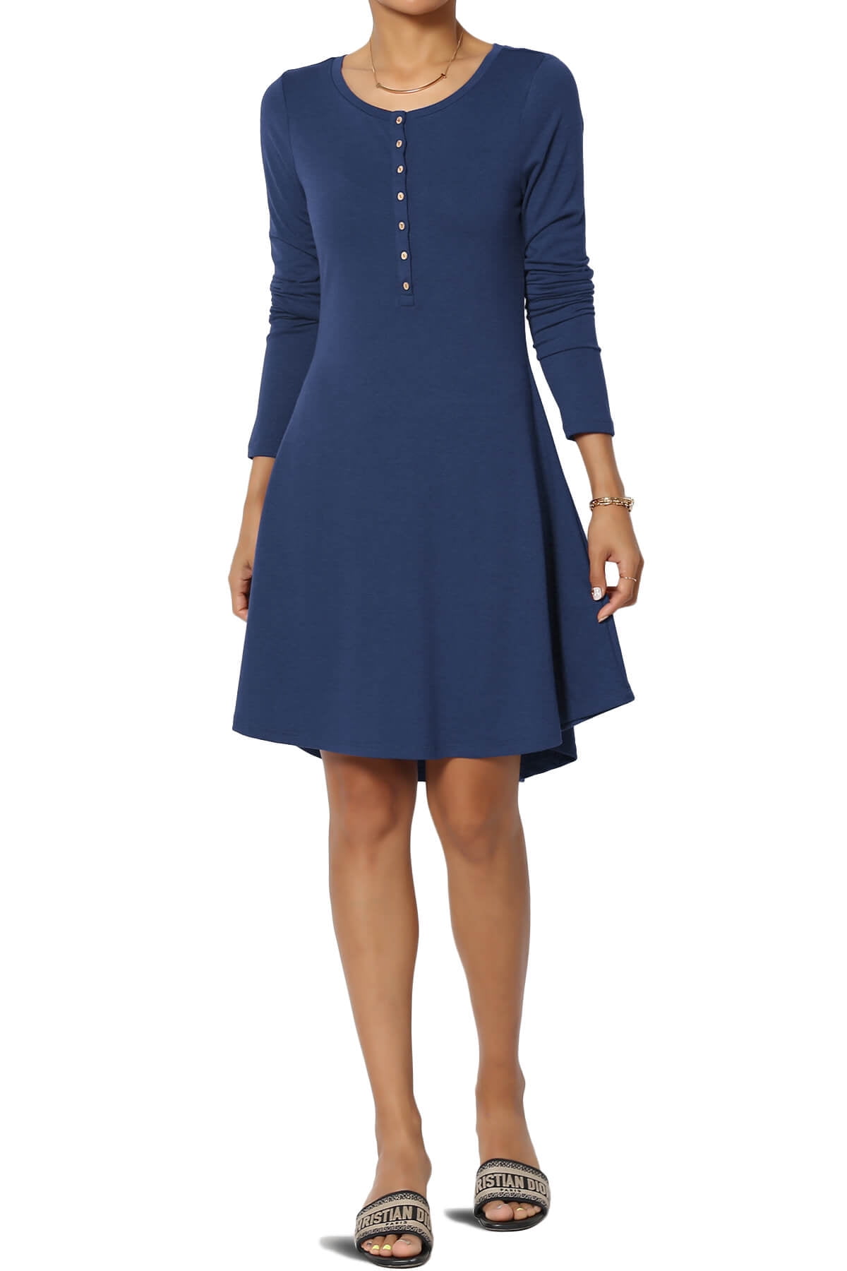 Women's Blue Fit And Flare Dress Long Sleeve Scoop Neck