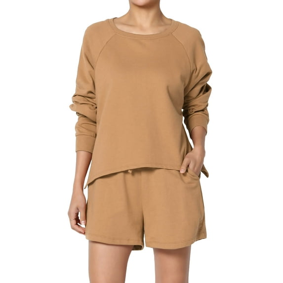TheMogan Women's S~3X Cotton Terry Long Sleeve Oversized Top & Drawstring Shorts SET