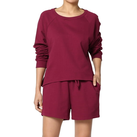 TheMogan Women's S~3X Cotton Terry Long Sleeve Oversized Top & Drawstring Shorts SET