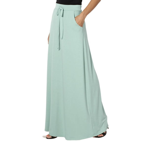 TheMogan Women's S~3X Drawstring Waist Pocket Drapey Jersey A-Line Long Maxi Skirt