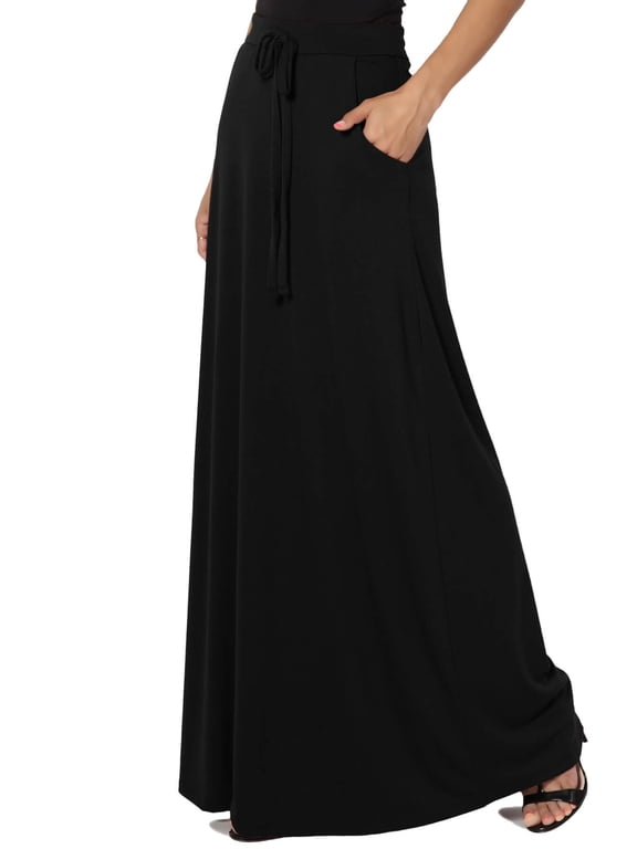 Women's S~3X Drawstring Waist Pocket Drapey Jersey A-Line Long Maxi Skirt