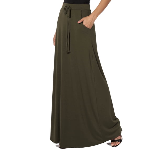 TheMogan Women's S~3X Drawstring Waist Pocket Drapey Jersey A-Line Long Maxi Skirt