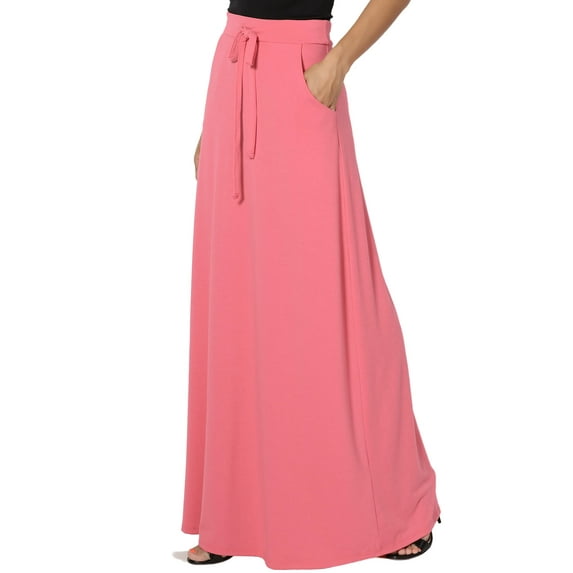TheMogan Women's S~3X Drawstring Waist Pocket Drapey Jersey A-Line Long Maxi Skirt