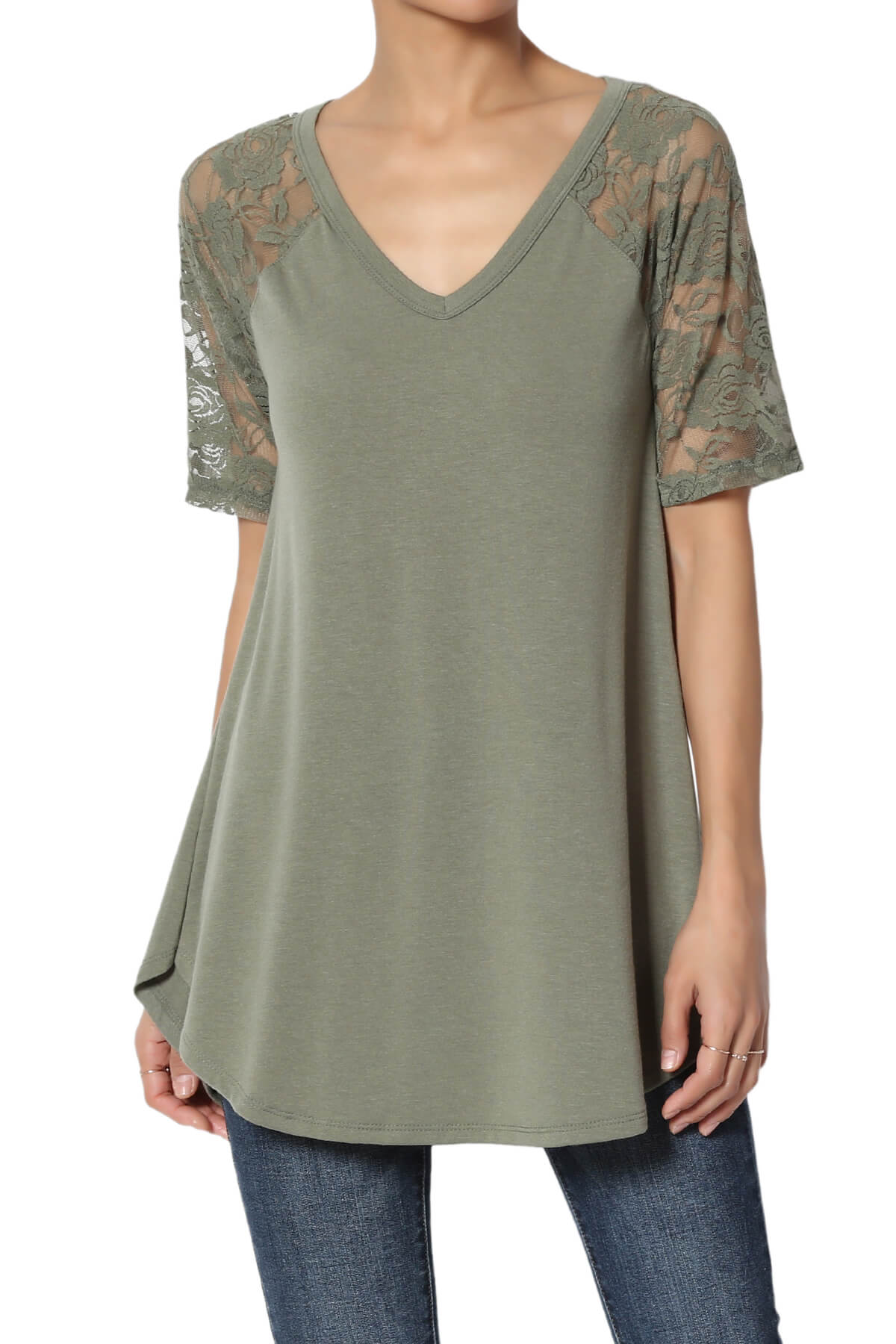 TheMogan Women's S3X LaceSleeve Jersey Top VNeck Extended Curved Hem