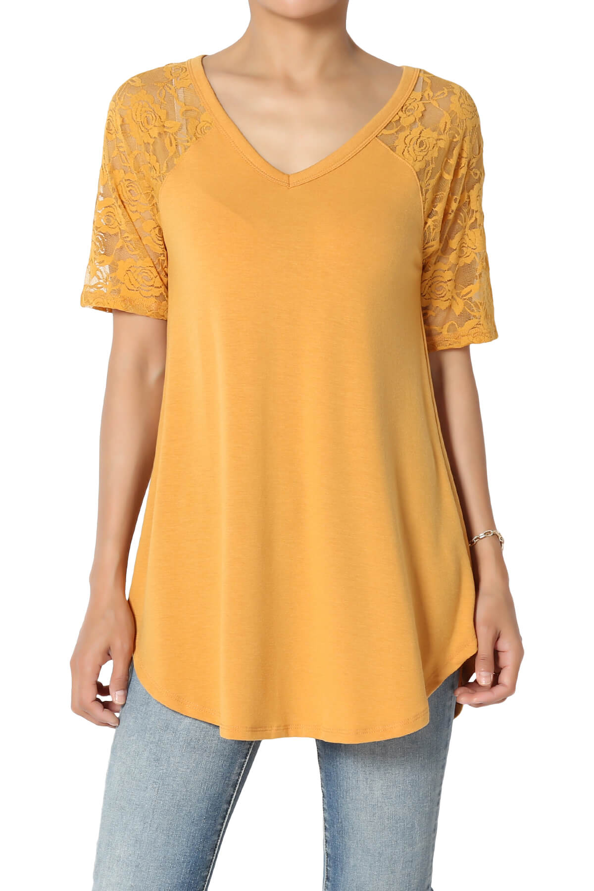 TheMogan Women's S3X LaceSleeve Jersey Top VNeck Extended Curved Hem