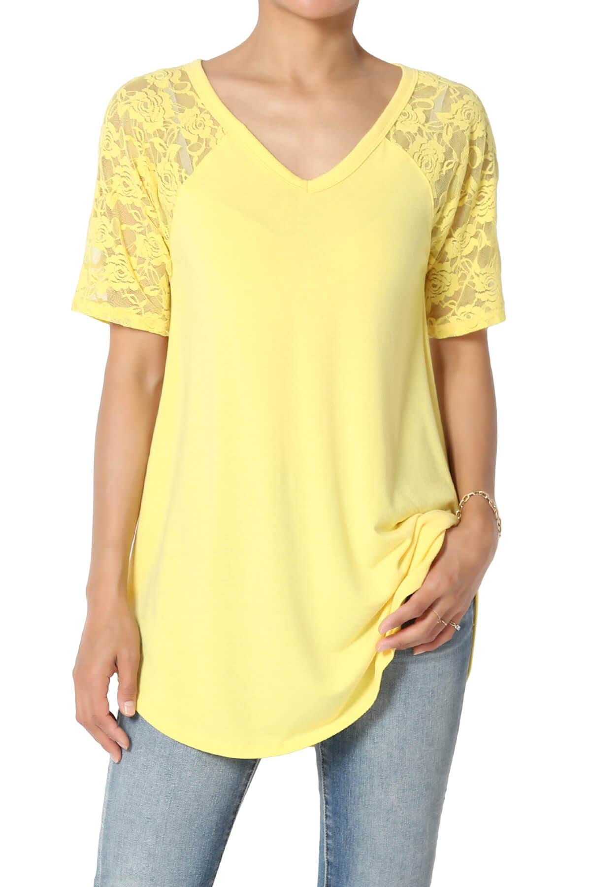 TheMogan Women's S3X LaceSleeve Jersey Top VNeck Extended Curved Hem