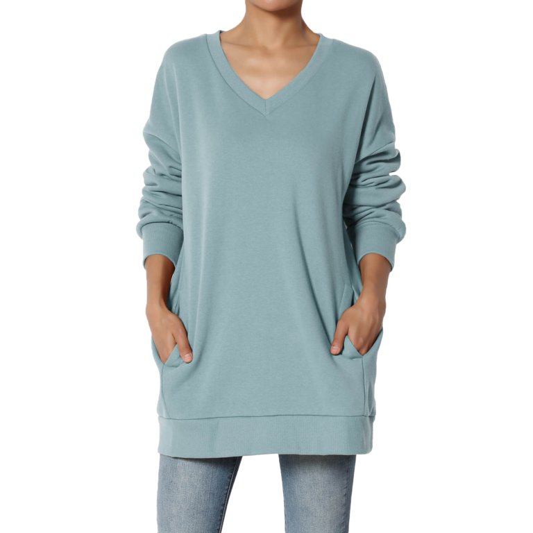 TheMogan Women's S~3X Oversized V-Neck Long Sleeve Pocket Fleece Sweatshirts