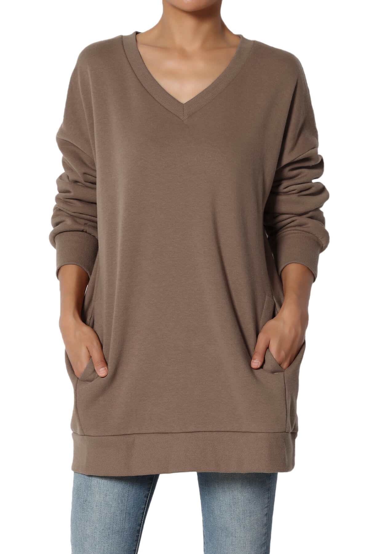 TheMogan Women s S 3X Oversized V Neck Long Sleeve Pocket Fleece