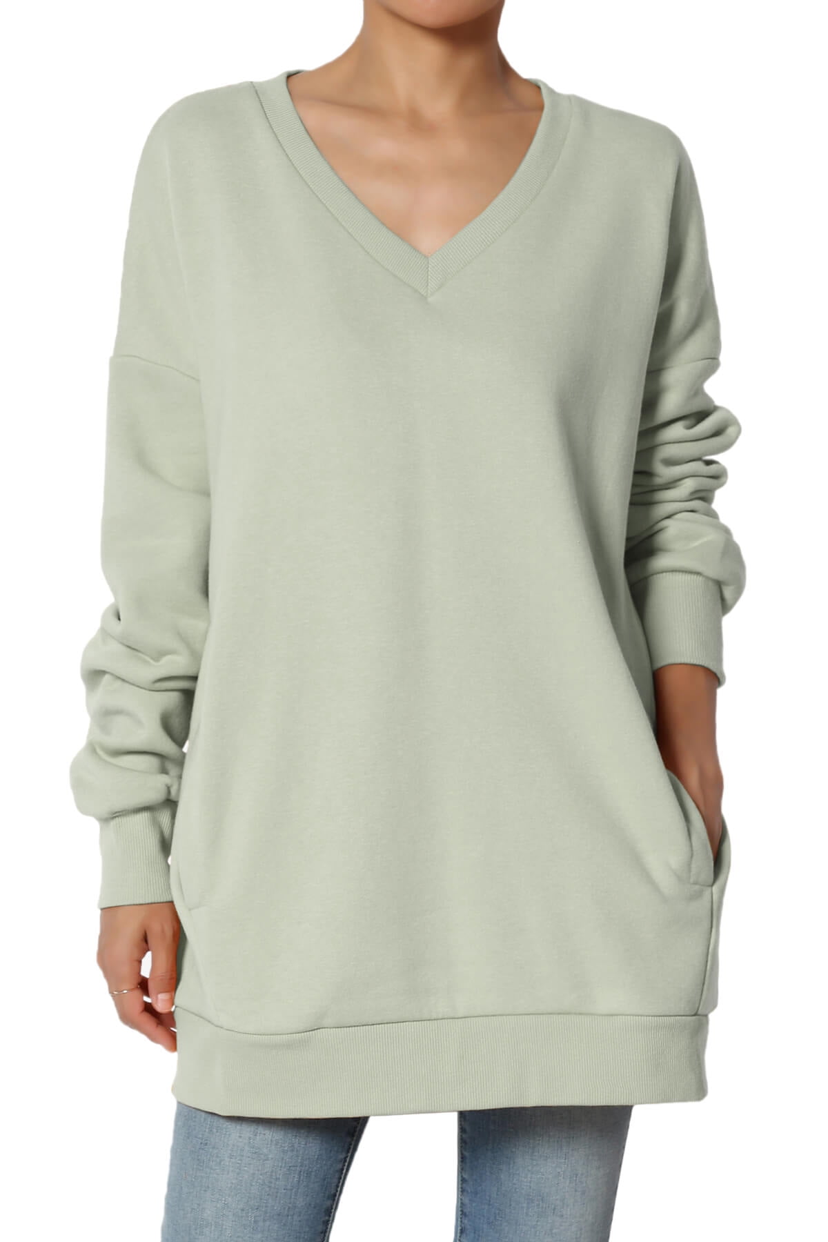 TheMogan Women's S~3X Oversized V-Neck Long Sleeve Pocket Fleece Sweatshirts  