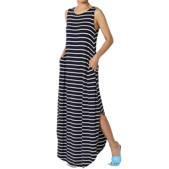 TheMogan Women's S~3X Sleeveless Loose Striped Curved Slit Hem Long Maxi Dress