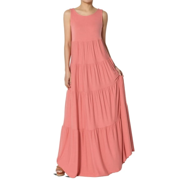 TheMogan Women's S~3X Sleeveless Scoop Neck Tiered Jersey Relaxed Fit Long Maxi Dress