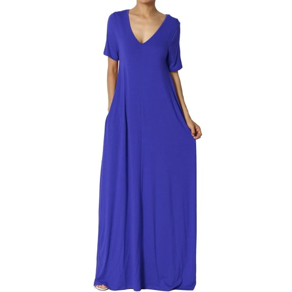 TheMogan Women's S~3X Soft Jersey Oversized V-Neck Short Sleeve Maxi Dress W Pocket
