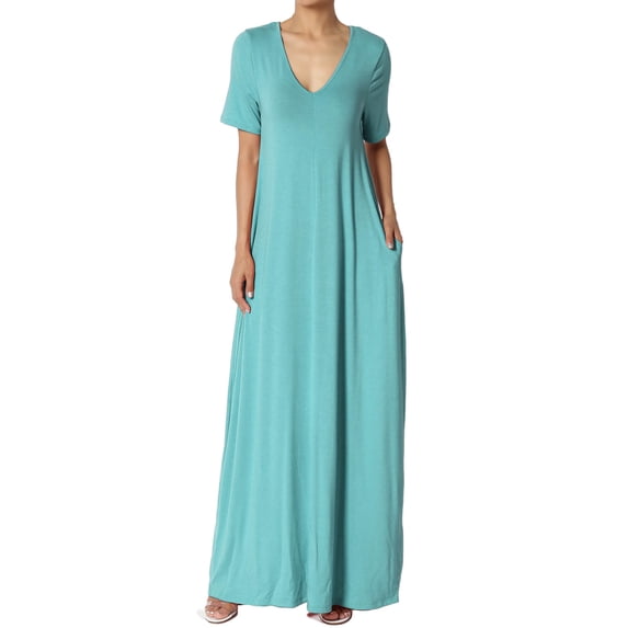 TheMogan Women's S~3X Soft Jersey Oversized V-Neck Short Sleeve Maxi Dress W Pocket