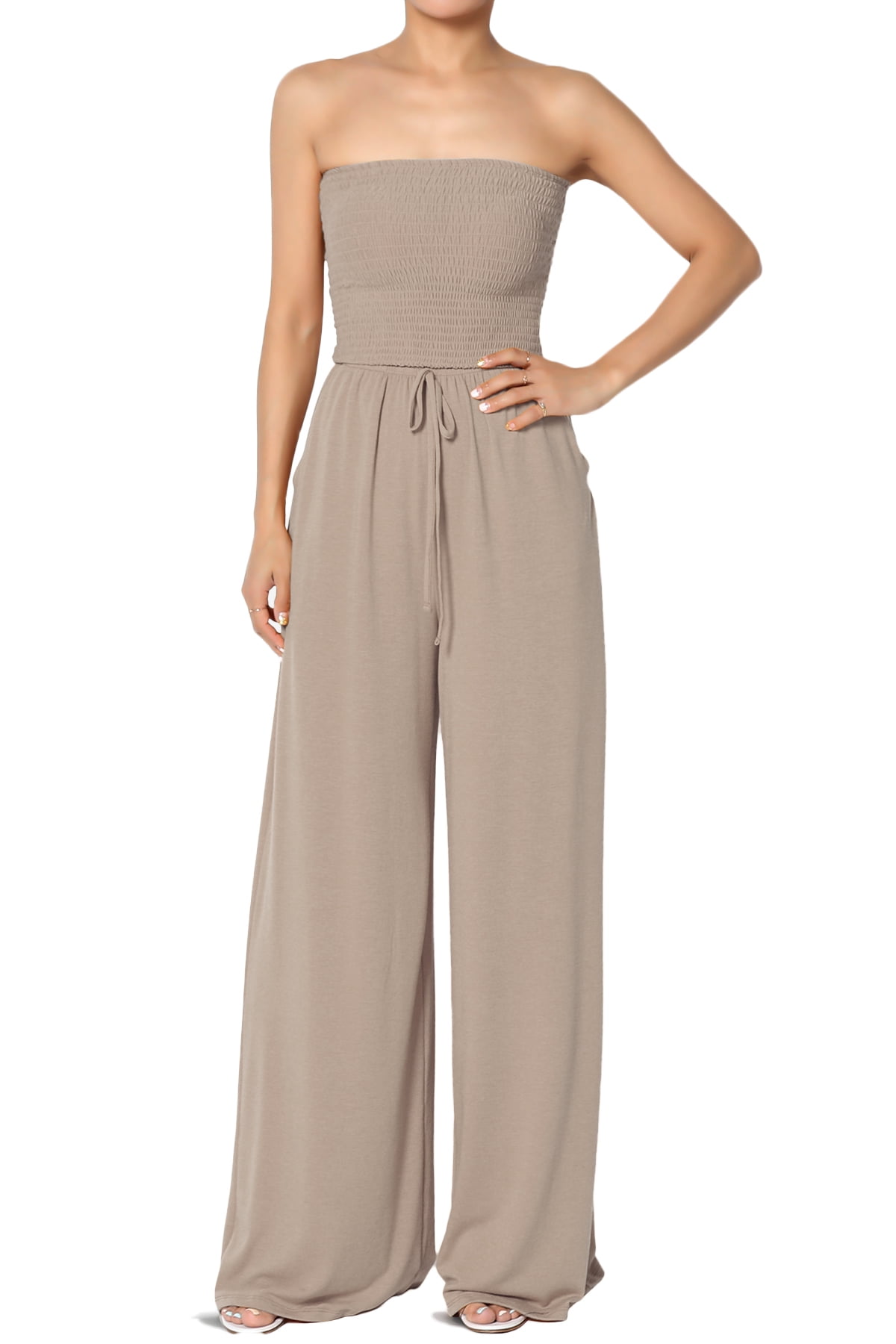 TheMogan Women's Strapless Smocked Tube Top Pocket Jersey Wide Leg