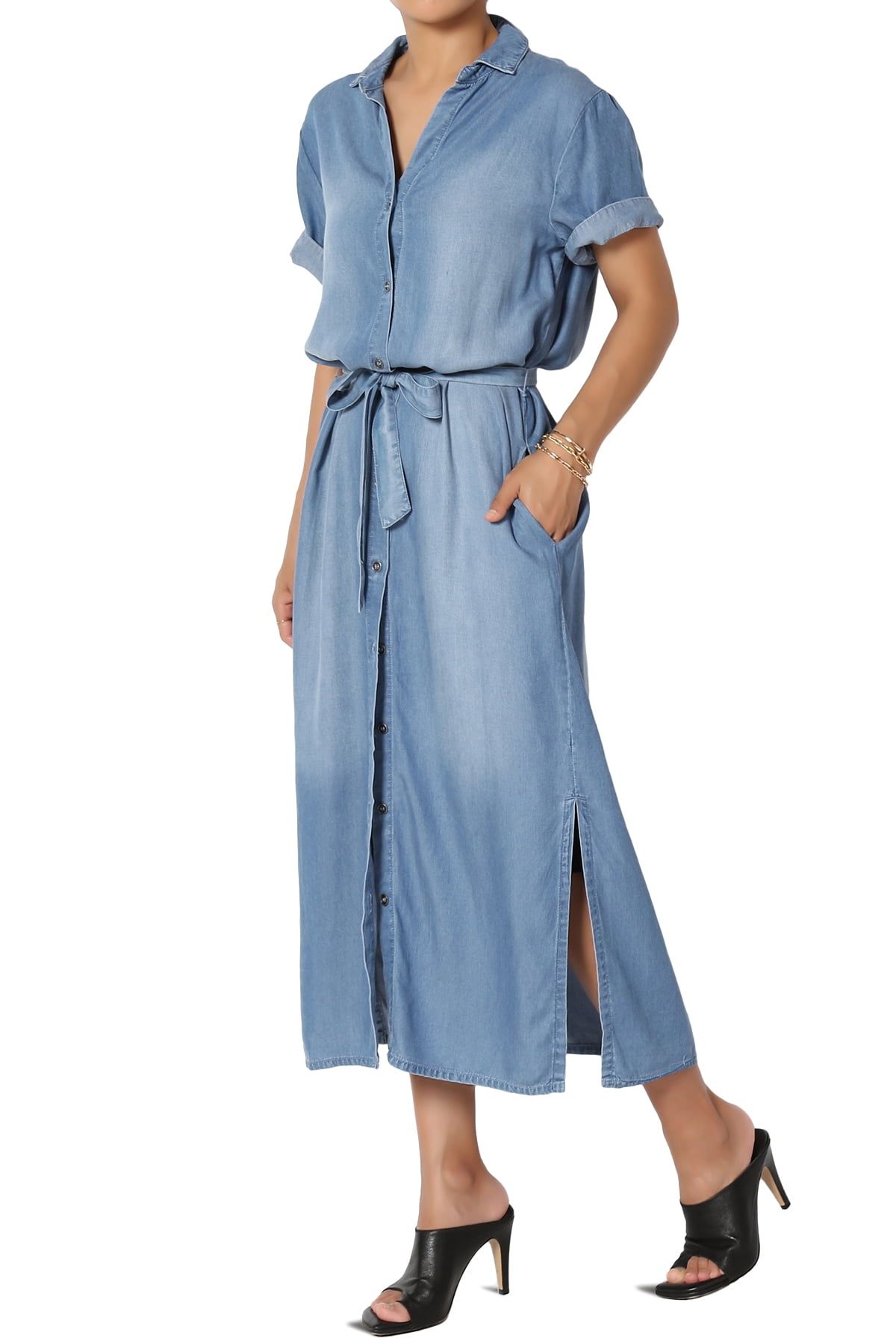 Chambray-trimmed Belted Long Dress