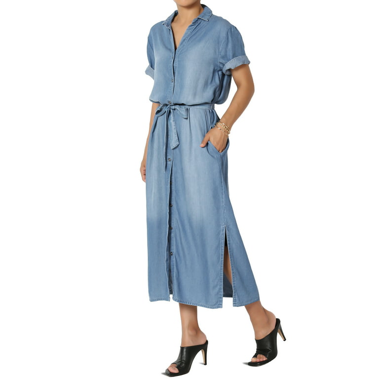 chambray-trimmed belted long dress