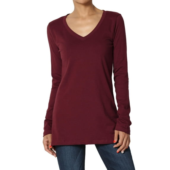 TheMogan Women's V-Neck Long Sleeve Top Basic Stretch Cotton Relaxed Slim Fit T-Shirt Dark Burgundy L