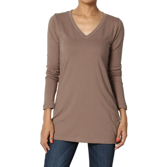 TheMogan Women's V-Neck Long Sleeve Top Basic Stretch Cotton Relaxed Slim Fit T-Shirt Mocha S