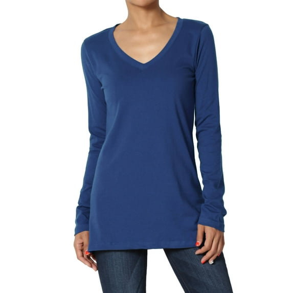 TheMogan Women's V-Neck Long Sleeve Top Basic Stretch Cotton Relaxed Slim Fit T-Shirt Sapphire 3X