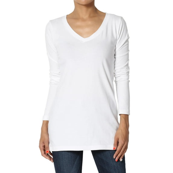 TheMogan Women's V-Neck Long Sleeve Top Basic Stretch Cotton Relaxed Slim Fit T-Shirt White XL
