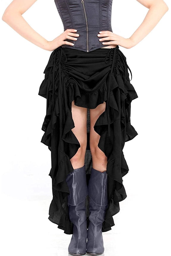 Steampunk Victorian Cosplay Female High-Low Maxi Skirt C1367 (Black) (Medium)