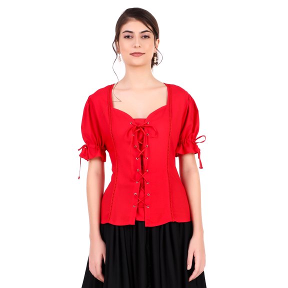 ThePirateDressing Women’s Sweetheart Neck Medieval Renaissance Pirate Blouse – Rayon Lace-Up Blouse