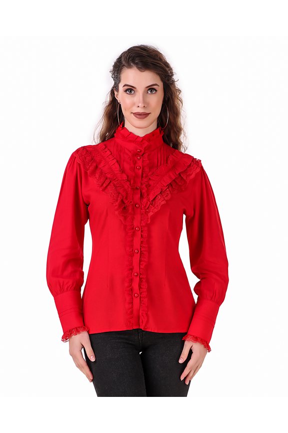 Women's Victorian Renaissance Steampunk Button-Front Blouse, Long Lantern Sleeves