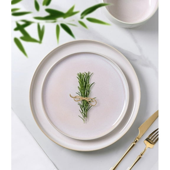 TheTerra Ceramic Dinnerware Sets for 4, 12 Pieces Handmade Reactive Glaze Plates and Bowls Set, Scratch Resistant Dish Set, Oven & Microwave & Dishwasher Safe, Primrose Pink
