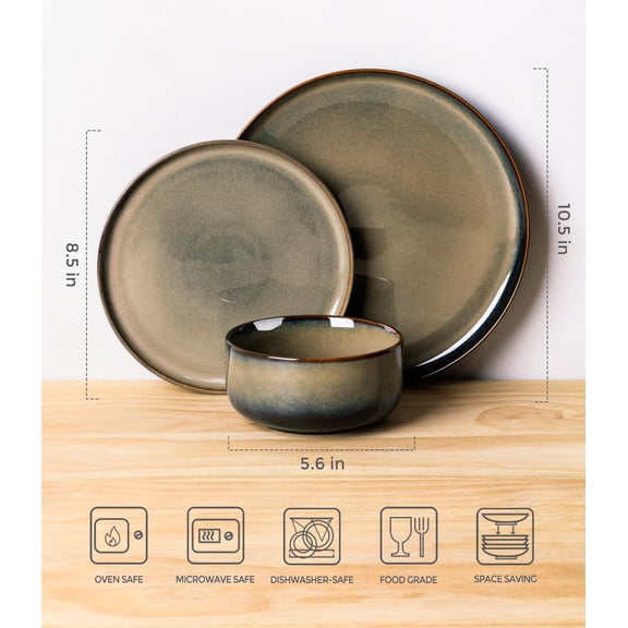 TheTerra Ceramic Dinnerware Sets for 4, 12 Pieces Handmade Reactive Glaze Plates and Bowls Set, Scratch Resistant Dish Set, Oven & Microwave & Dishwasher Safe